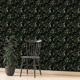 Dark olive wallpaper full bedroom installation, sophisticated deep green accent wall