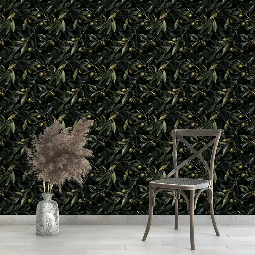 Elegant olive branch wallpaper sample showing dark ground with silver botanical motif