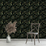 Elegant olive branch wallpaper sample showing dark ground with silver botanical motif