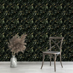 Elegant olive branch wallpaper sample showing dark ground with silver botanical motif
