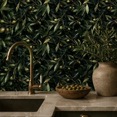 Dark olive wallpaper edge installation detail showing clean peel-and-stick application