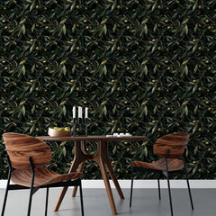 Noir olive removable wallpaper installed in office, dark moody botanical feature wall