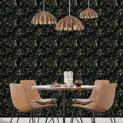 Noir olive branch wallpaper close-up showing dark organic branch and silver leaf detail