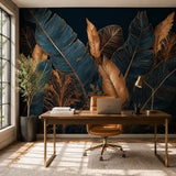 Noir palm elegance mural behind a wooden desk in a sunlit home office