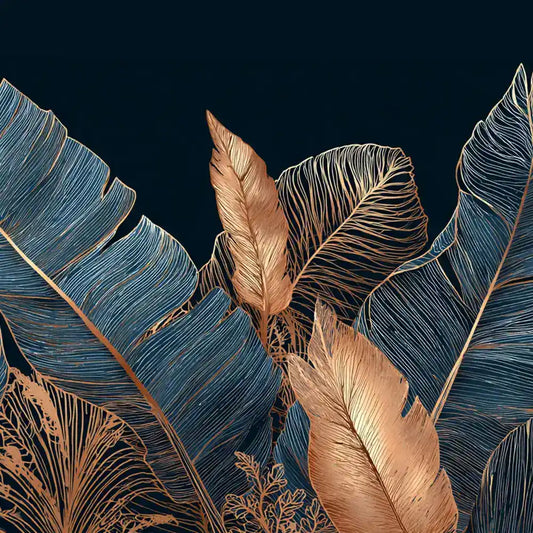 Close-up of noir palm mural showing navy and copper leaves on a dark background