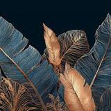 Close-up of noir palm mural showing navy and copper leaves on a dark background