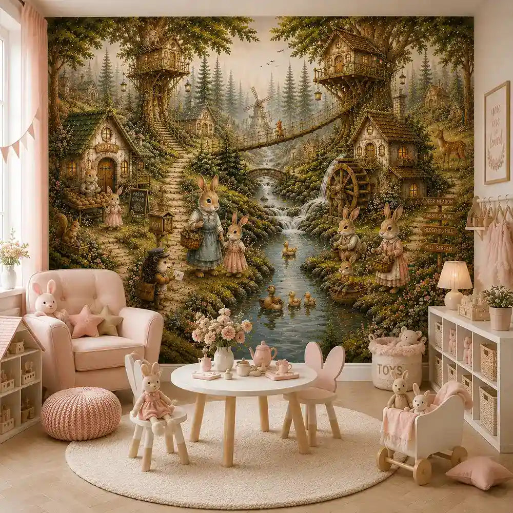 Bunny village nursery mural behind a pink armchair and toddler tea party table