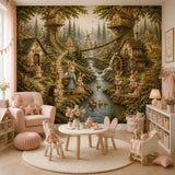 Bunny village nursery mural behind a pink armchair and toddler tea party table