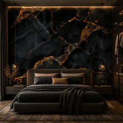 Dark marble wallpaper full bedroom wall, obsidian black and gold luxurious accent