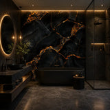 Obsidian gold marble wallpaper close-up showing black mineral vein and gold leaf detail