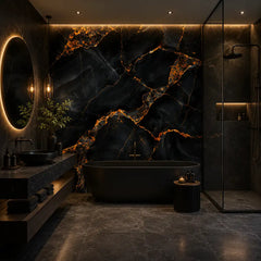 Obsidian gold marble wallpaper close-up showing black mineral vein and gold leaf detail