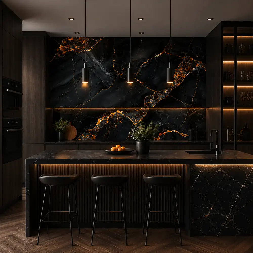 Obsidian marble removable wallpaper in living room, dramatic dark stone feature wall