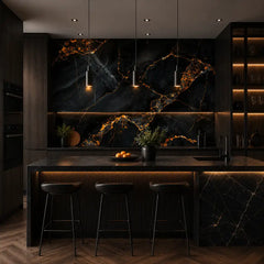 Obsidian marble removable wallpaper in living room, dramatic dark stone feature wall
