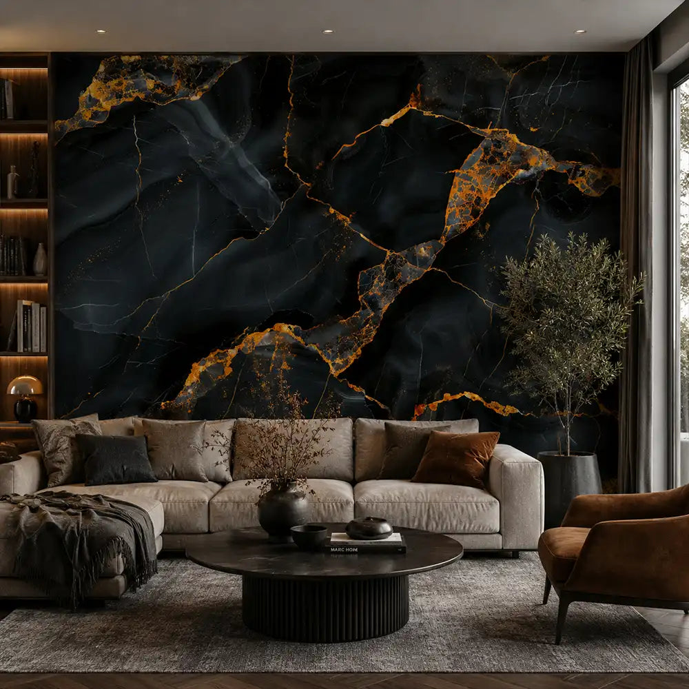 Obsidian marble wallpaper in office, sophisticated dark luxury feature wall installation