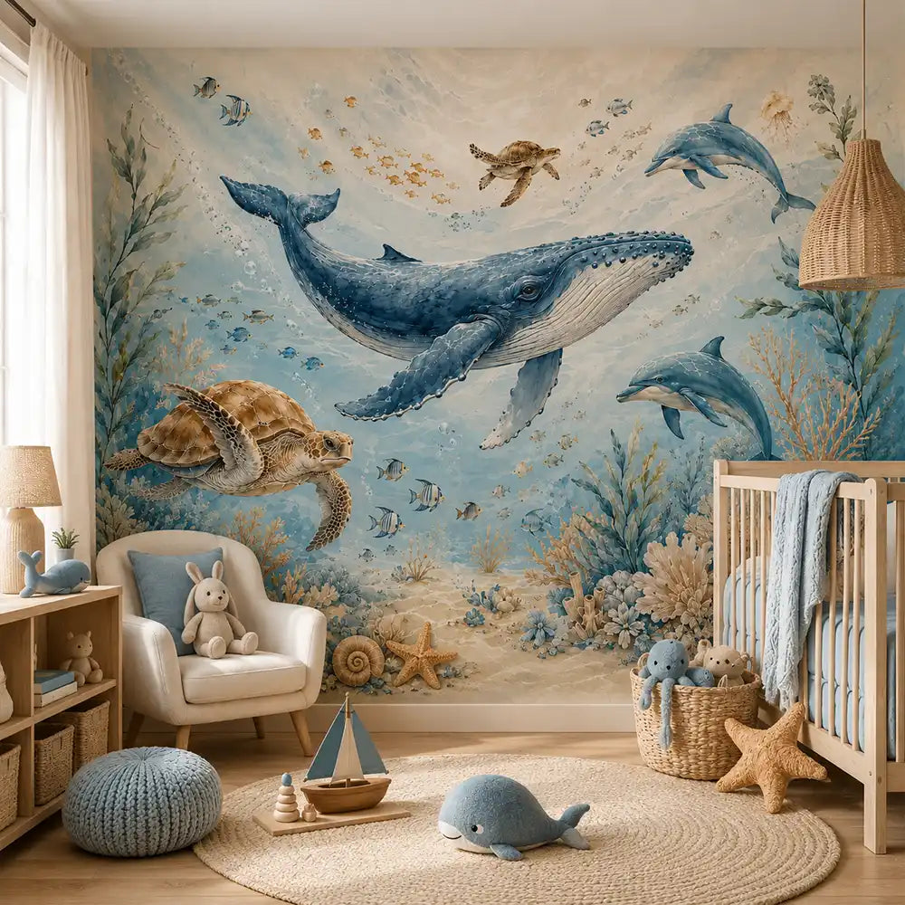 Ocean animals nursery mural close-up showing whale and fish details, peel-and-stick