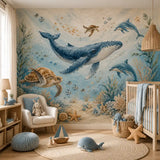 Ocean animals nursery mural close-up showing whale and fish details, peel-and-stick