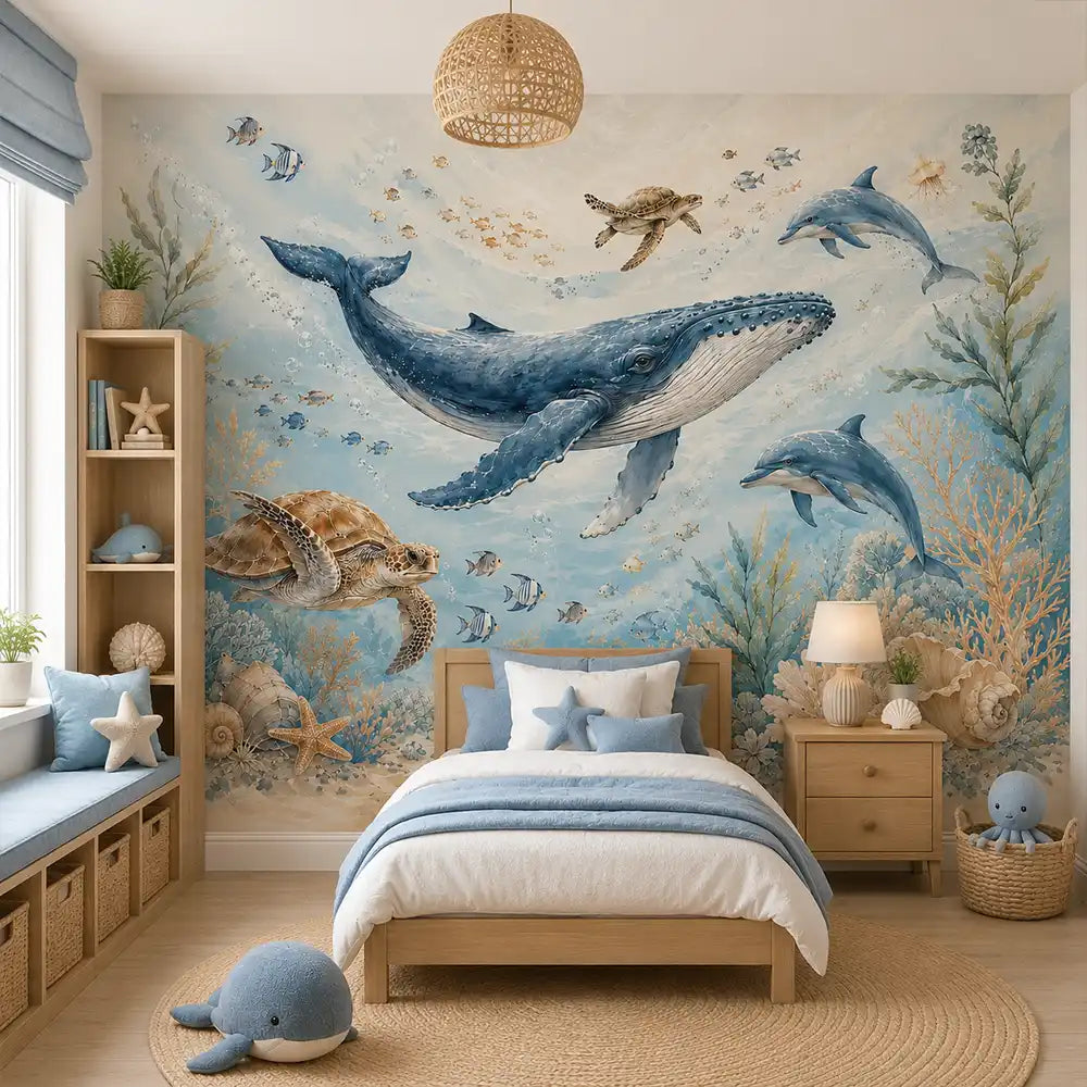 Kids room ocean wallpaper full wall installation view, removable peel-and-stick design