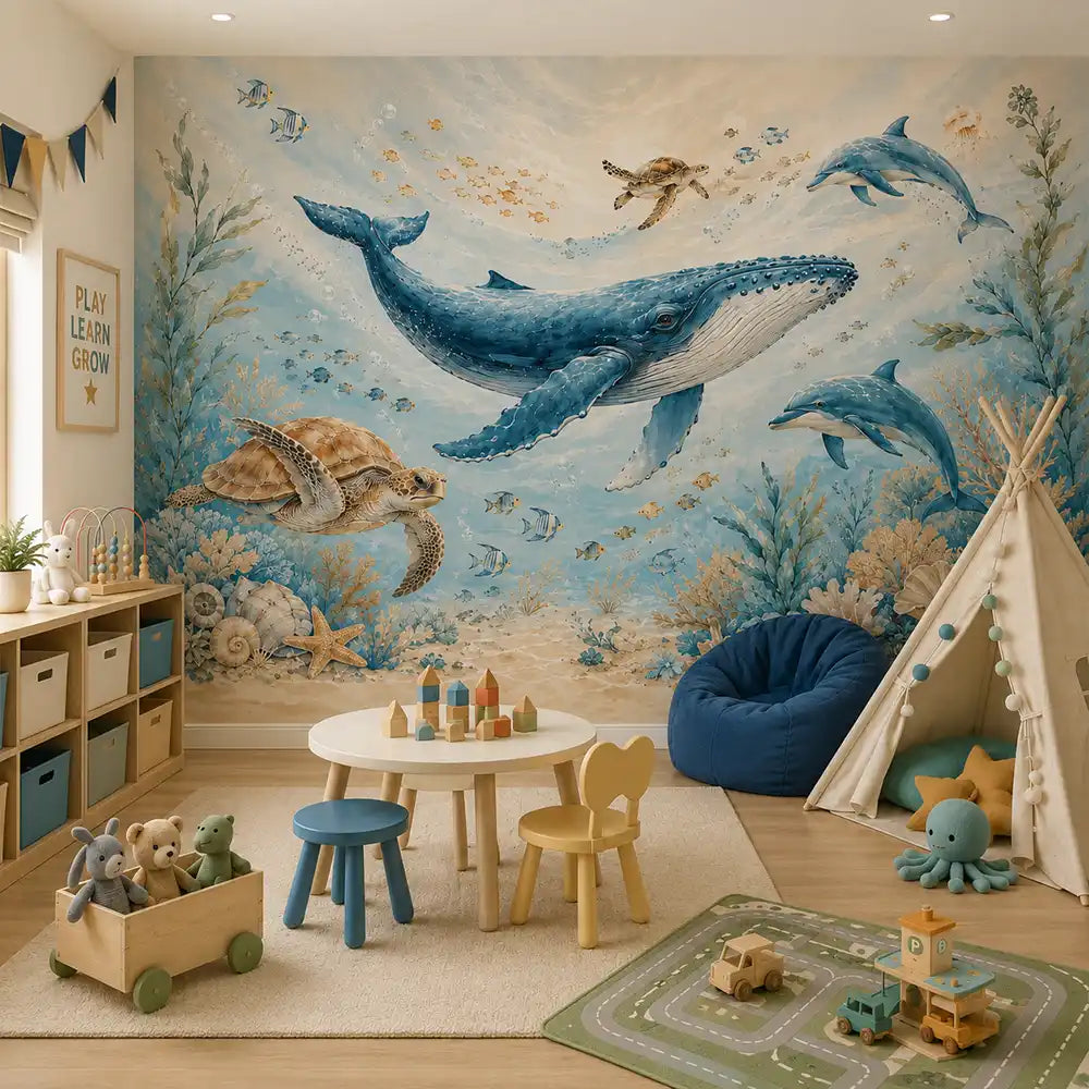 Peel-and-stick nursery wallpaper with underwater sea creatures in pastel tones