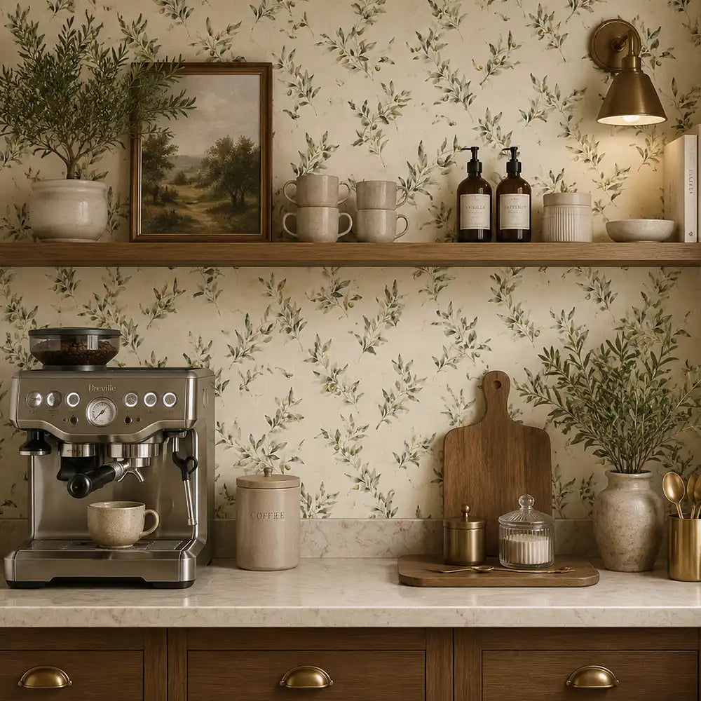 Sage green and cream color tones of olive branch watercolor wallpaper.