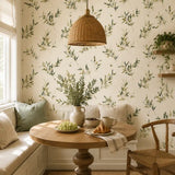 Pattern detail of olive branch watercolor wallpaper showing leaves and stems.