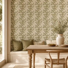 Neutral stripe botanical wallpaper installed in bedroom, calming minimal stripe design