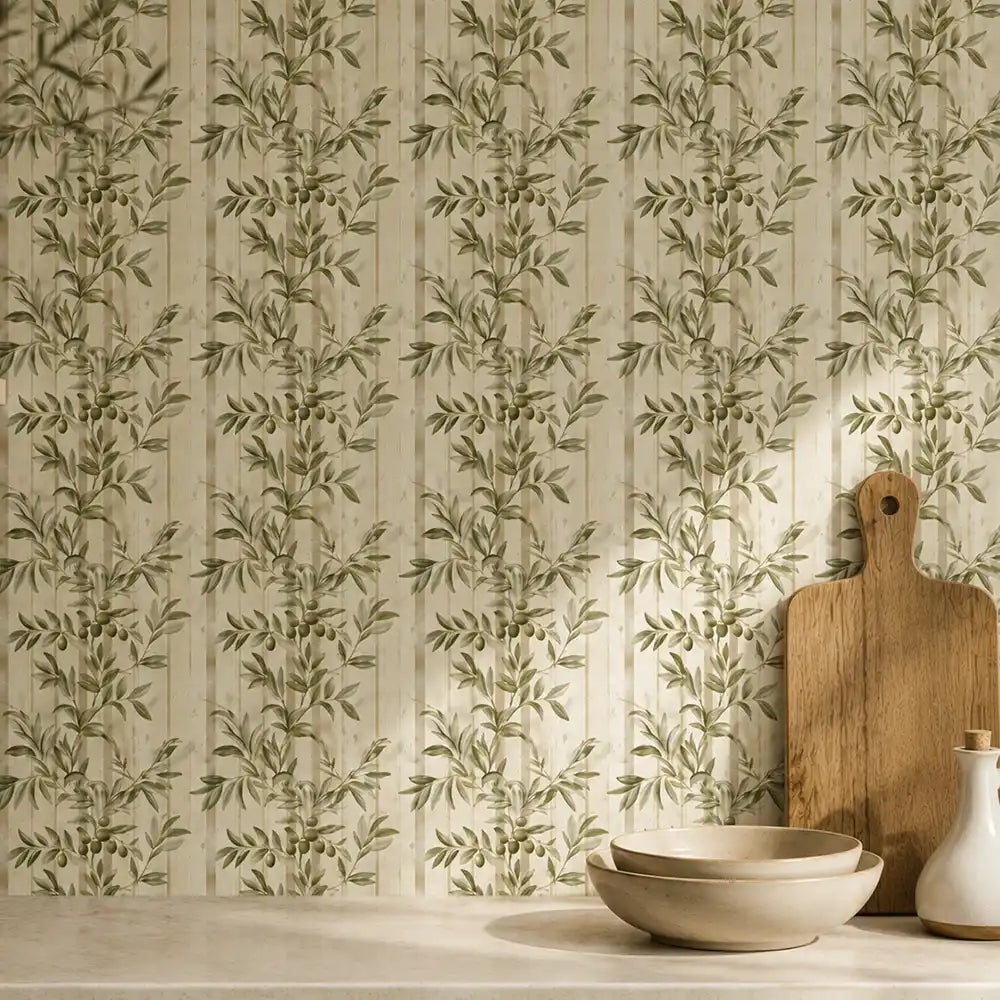 Olive stripe removable wallpaper in living room, structured botanical accent wall
