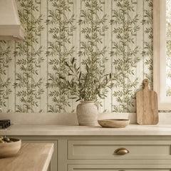 Olive grove stripe wallpaper close-up showing vertical stripe with leaf motif detail