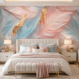 Pastel feather wallpaper above a bed in a soft pink and cream glam bedroom