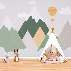 Scandinavian Mountain Balloon Wallpaper – Nordic Peel-and-Stick Nursery Kids Design