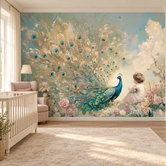 Peacock garden wall mural with pastel flowers in a soft girls nursery with crib