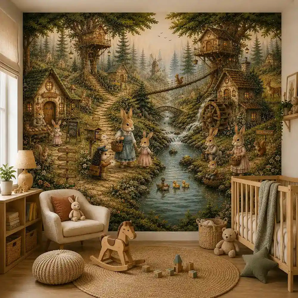 Peel-and-stick bunny forest mural in a neutral nursery with crib and rocking horse