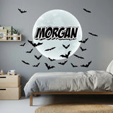Custom Name Bat Moon Wall Sticker – Halloween Kids Room Personalized Decal