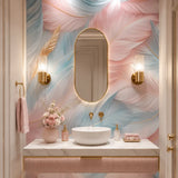 3D feather wallpaper in a pink powder room with oval mirror and gold sconces