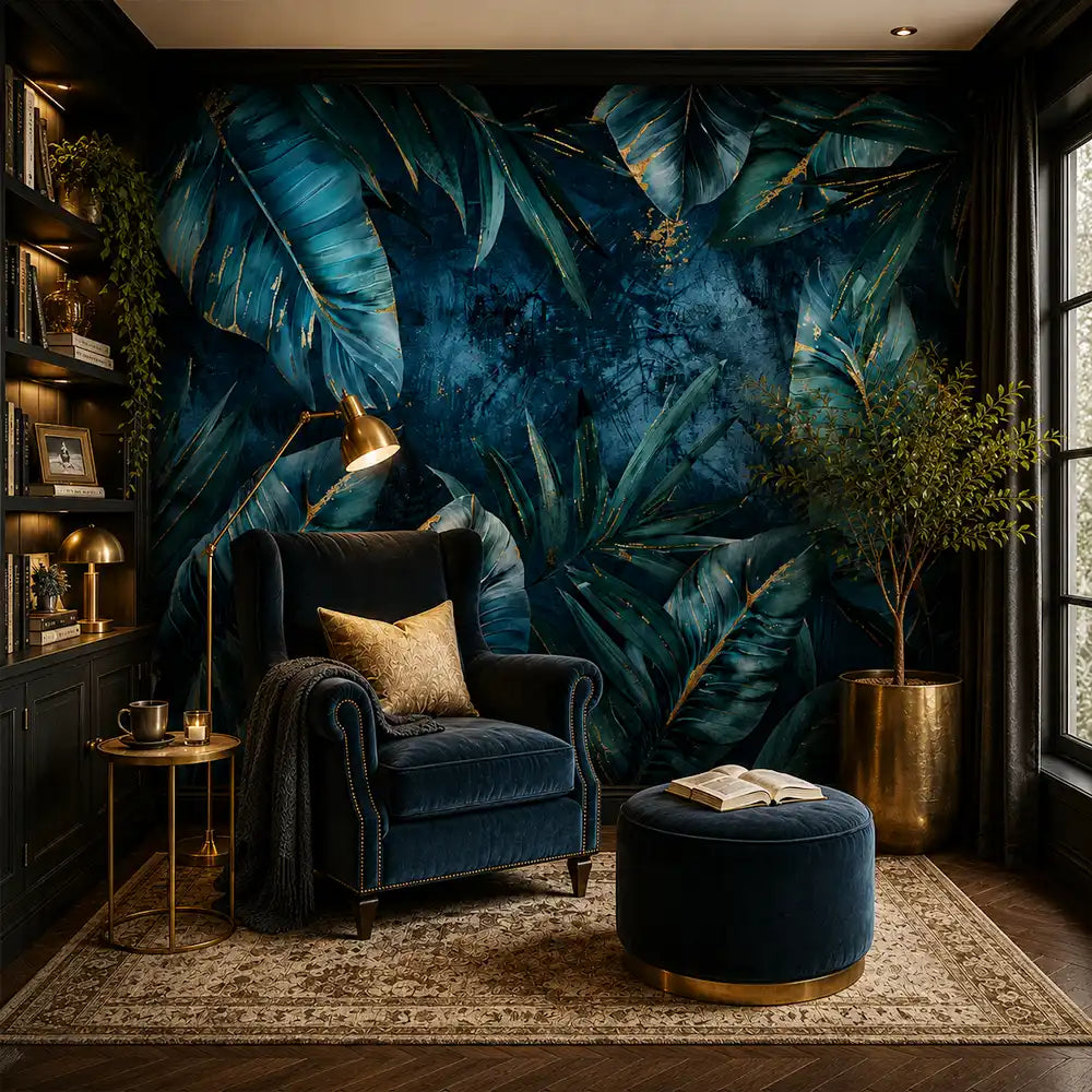 Navy palm leaf wallpaper in a reading corner with velvet armchair and ottoman
