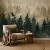 Evergreen forest mural in a reading nook with linen armchair and floor lamp