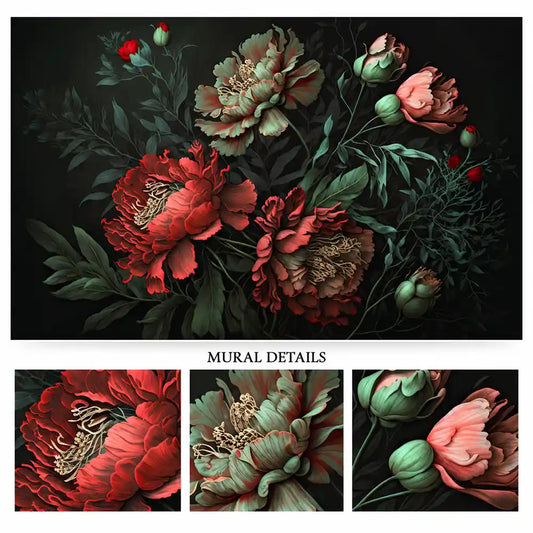 Close-up details of dark elegant floral wallpaper with red and blush peonies