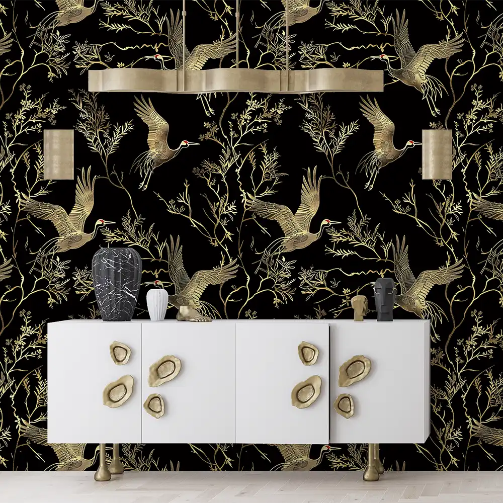 Removable Black and Gold Crane Wallpaper for your bedroom retreat.