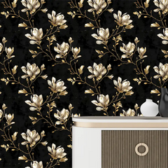 Removable Black and Gold Magnolia Wallpaper for a sophisticated bedroom.