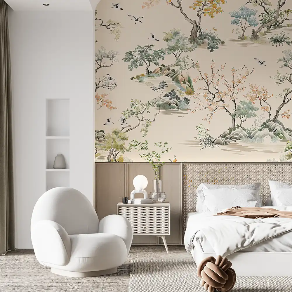 Removable Chinoiserie Landscape Wallpaper for kitchens with character.