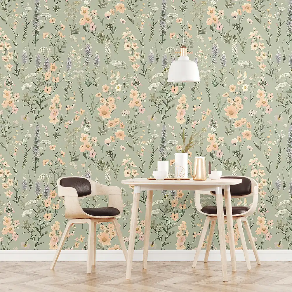 Removable Sage Green Wildflower Wallpaper for a fresh kitchen look.