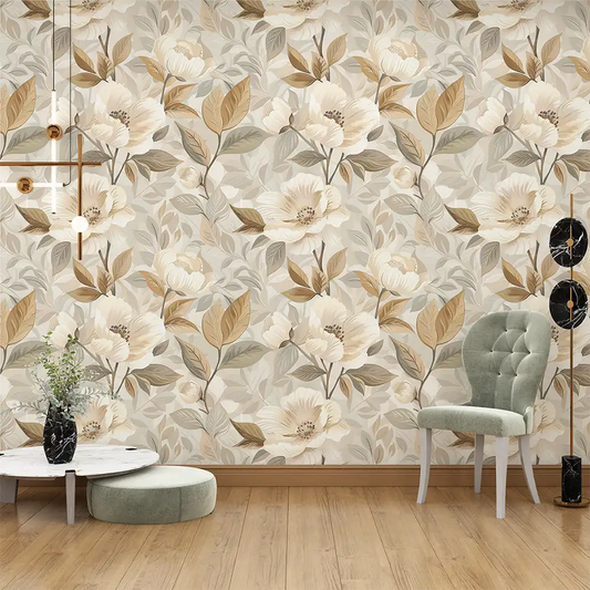 Removable self-adhesive Beige and Gold Floral Wallpaper for easy application.