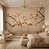 Romantic flamingo blossom mural above a cream bed with blush throw and chandelier
