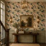 Romantic blush water lily garden wallpaper styled on a bedroom accent wall.