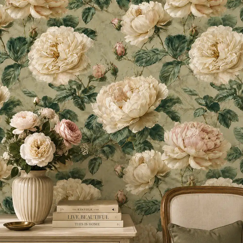 Romantic cream peony wallpaper used on a bedroom feature wall at home.