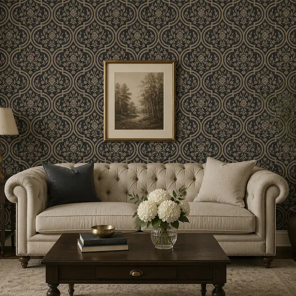 Royal damask wallpaper in charcoal gray, sophisticated modern bedroom accent wall