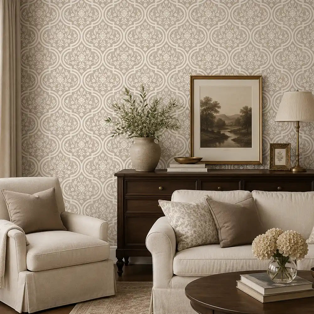 Peel-and-stick damask wallpaper sample showing cream and gold pattern detail
