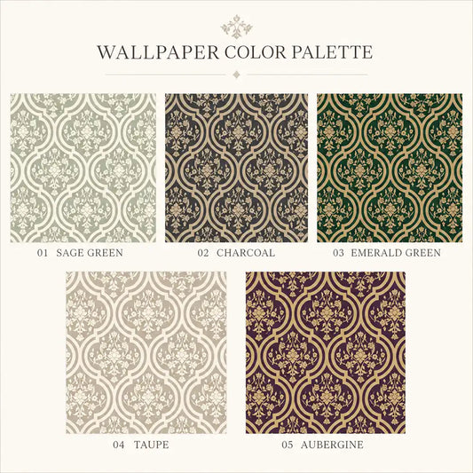 Royal damask wallpaper in deep navy blue colorway, classic dining room accent wall