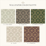 Royal damask wallpaper in deep navy blue colorway, classic dining room accent wall