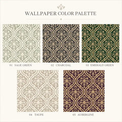Royal damask wallpaper in deep navy blue colorway, classic dining room accent wall