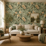 Sage blossom botanical wallpaper with bird in flight, removable living room wall art